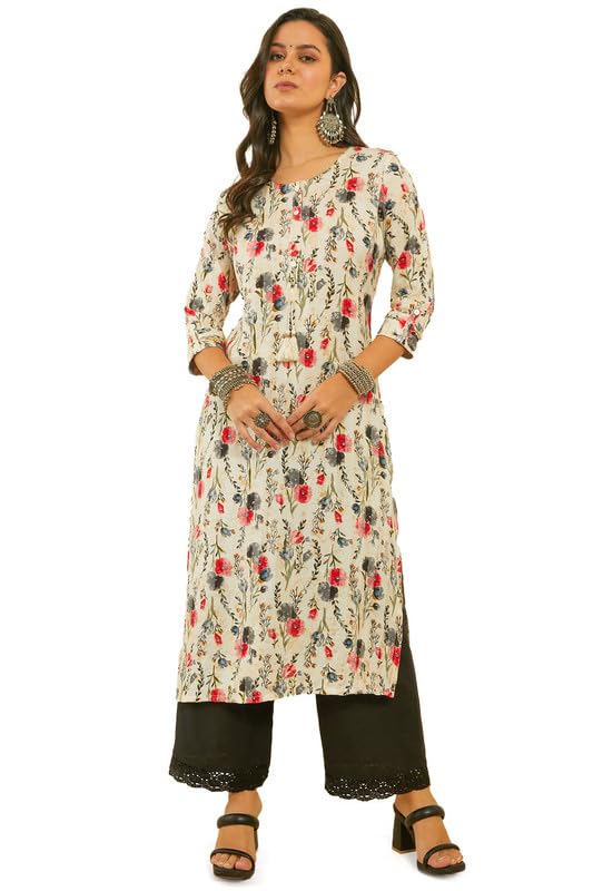 Soch Women Floral Print Rayon Straight Kurta with Kantha Weave