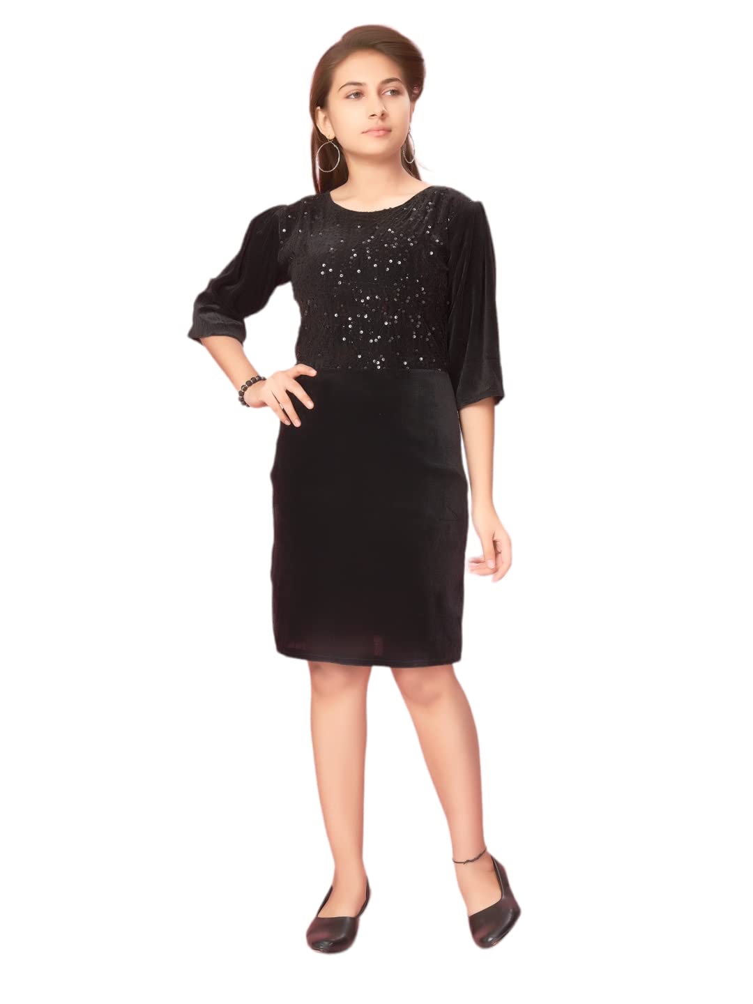 Aarika Girls Velvet Bodycon Above The Knee Dress (New_MD-A-23047_Black