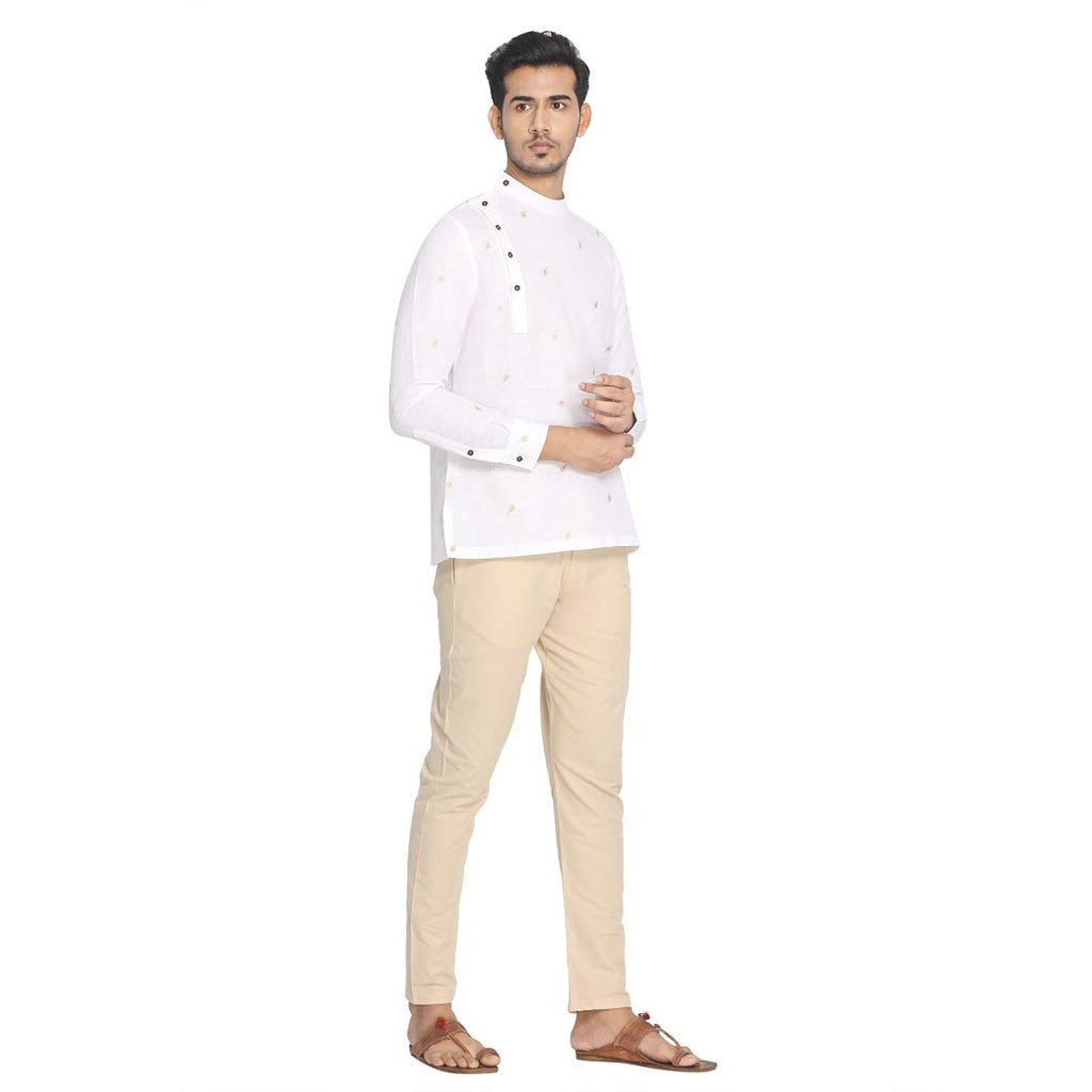 Manyavar Printed Full Sleeves Casual Wear Short Kurta For Men - (White, Xx-Large)