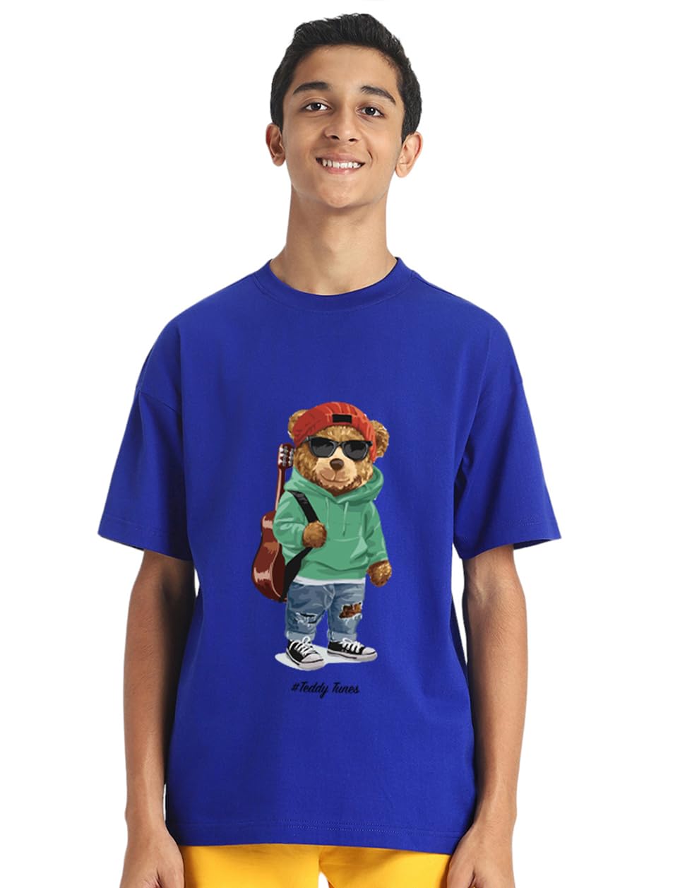 Veirdo Boys' 100% Cotton Oversized Loose Fit Round Neck Funky Front Teddy Tunes Graphic Printed T-Shirt For Kids Teens