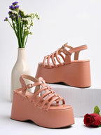 Shoetopia WomenS Peach Platform Sandals Chunky Wedge Gladiator Style|| Caged Straps & Adjustable Buckle  Trendy Summer Footwear