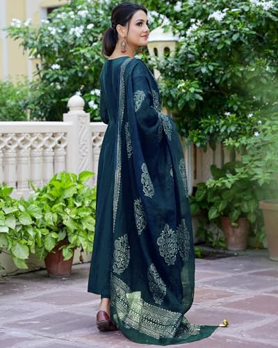 ANNI DESIGNER Womens Rayon Blend Solid Anarkali Kurta with Pant & Dupatta (Magic-KEROSIN_XXL_Dark Blue_XX-Large)