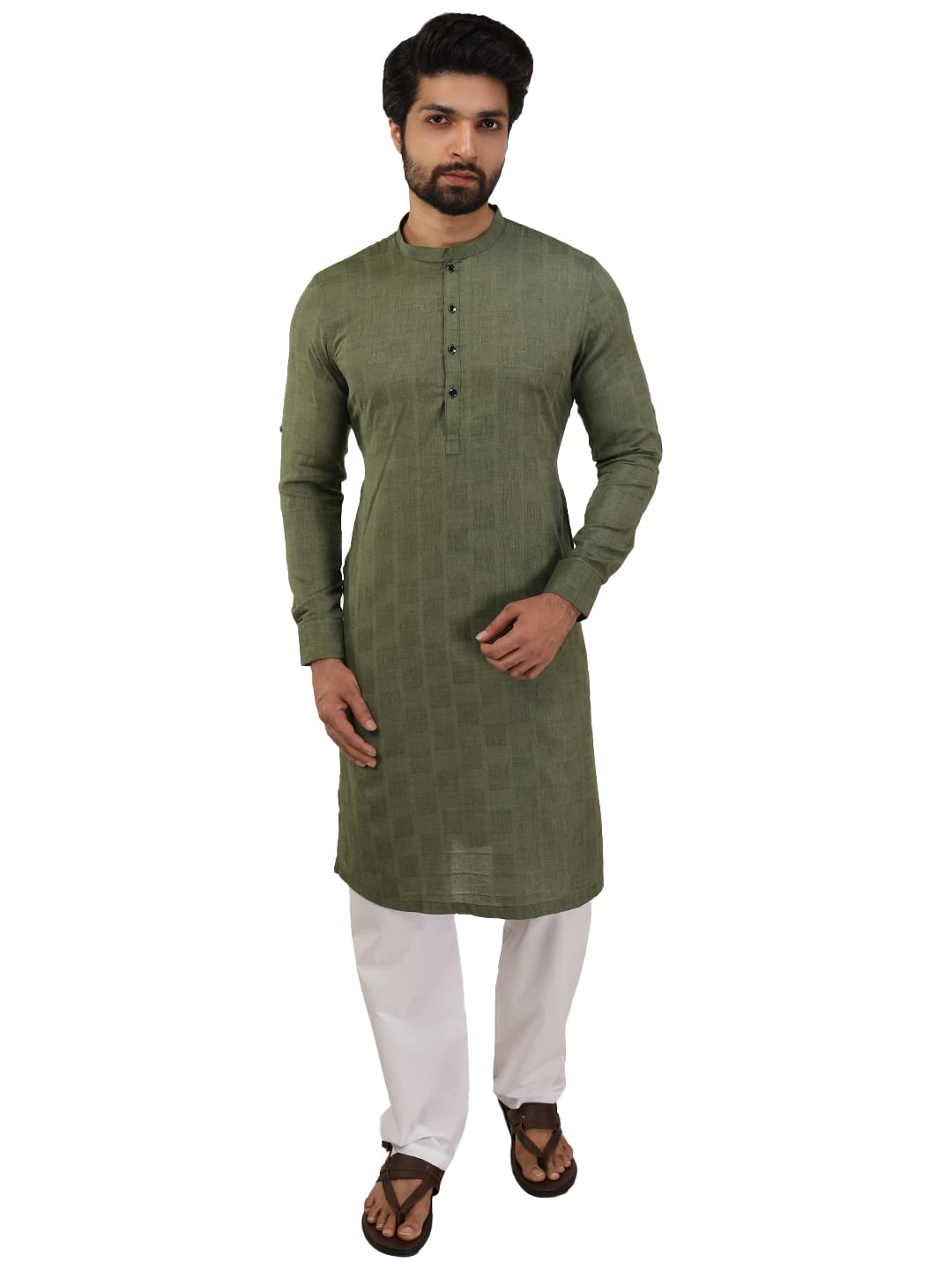 Manyavar Selfdesign Knee Long Kurta For Men - (Green, X-Large)