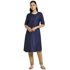 Fabindia Women Silk Straight Slim Fit Knee Length Kurta Viscose_M Navy Blue