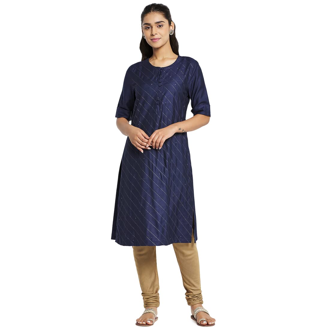 Fabindia Women Silk Straight Slim Fit Knee Length Kurta Viscose_M Navy Blue