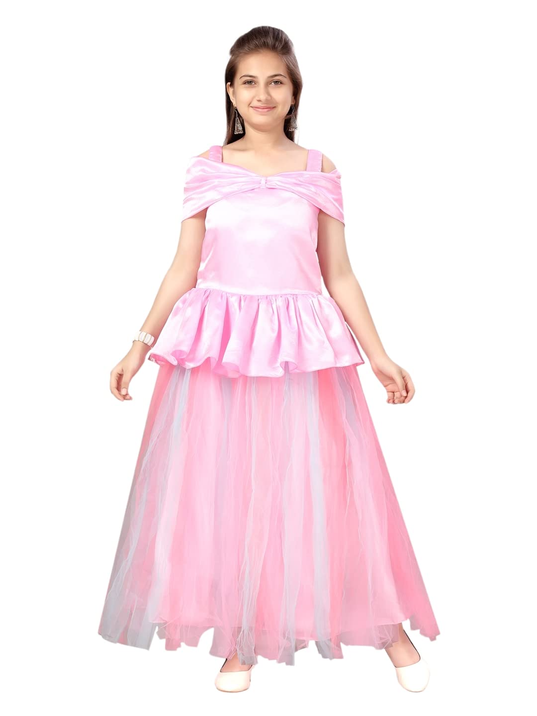 Aarika Girls Silk A-Line Floor Length Dress (G-3001_Pink_30)