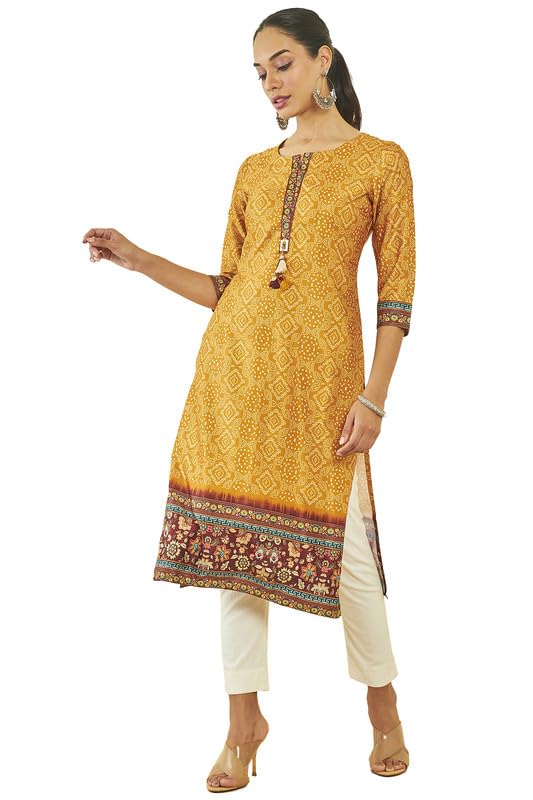 Soch Women Satin Bandhani Print Straight Kurta with Tassels