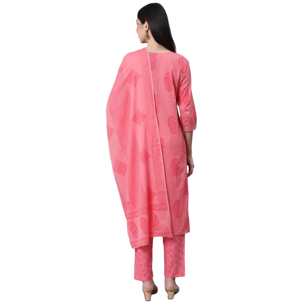Anubhutee Women'S Cotton Pink Gota Patti Ethnic Motifs Printed Straight Kurta Suit Set With Pants And Dupatta