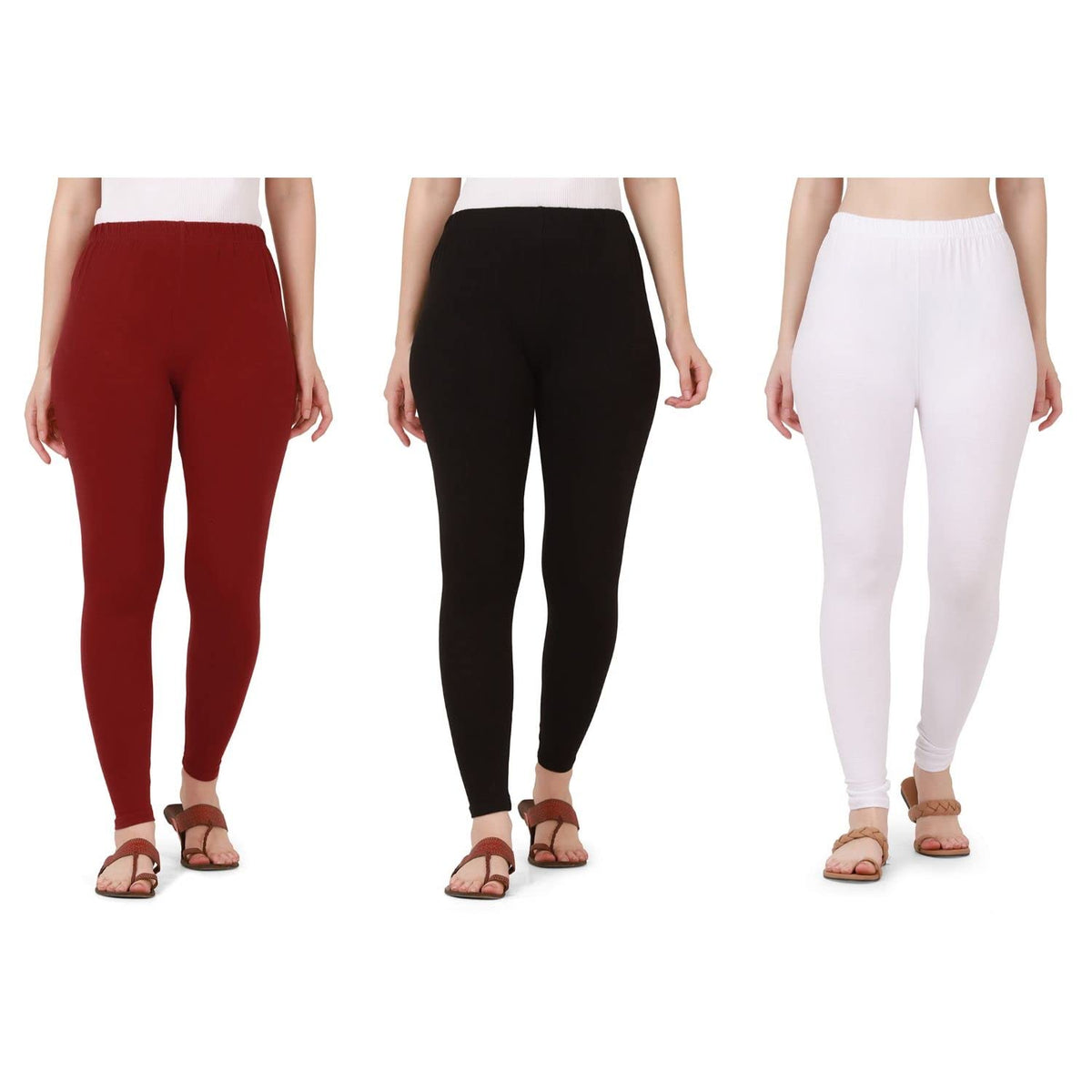 Pure Cotton Ankle Length Women Skinny Leggings ComboPack Of 3 (Maroon Black White, Small)