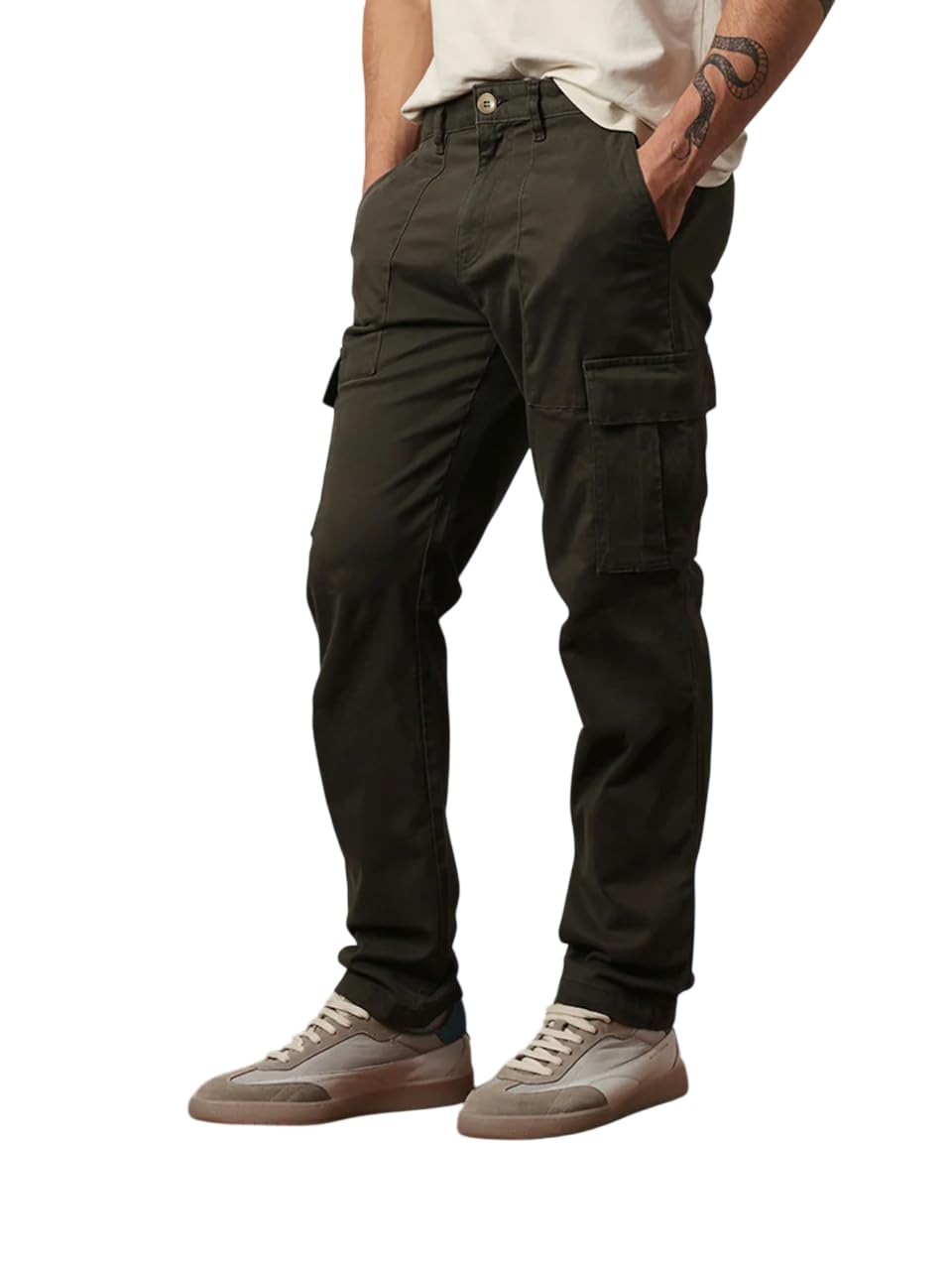 Vogaan Olive Men Solid Relaxed Fit Cotton Blend Cargo Trousers With Utility Pocket 34