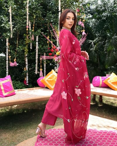 ANNI DESIGNER Womens Rayon Blend Straight Printed Kurta with Pant & Dupatta (ROKA Rani_XL_Pink_X-Large)