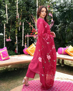 ANNI DESIGNER Womens Rayon Blend Straight Printed Kurta with Pant & Dupatta (ROKA Rani_XL_Pink_X-Large)