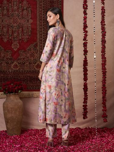 ANNI DESIGNER Womens Rayon Blend Straight Printed Kurta with Pant (Bhaskar Lavender_L_Lavender_Large)