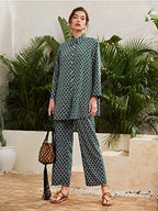 Greciilooks Women Co Ord Set| Geo Print Button Front With Wide Leg Pants| Long Sleeve Shirt| Straight Geo Printed Pant| Women Tw