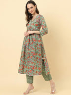 Varanga Women Olive Floral Printed A-Line Kurta With Side Slits Paired With Tonal Bottom And Dupatta