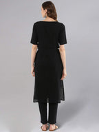 Idalia Rayon Solid Straight Black Kurta Set For Women Round V Neck Designer Kurta With Pant