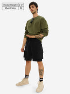 The Souled Store Solids: Black Men and Boys Drawstringed Knee Length Nylon Blend Cargo Shorts
