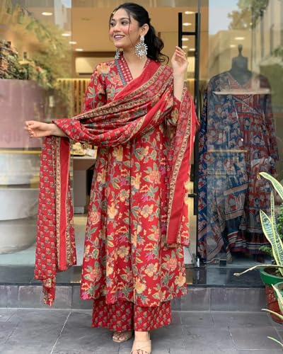 ANNI DESIGNER Womens Rayon Blend Anarkali Printed Kurta with Palazzo & Dupatta (CIA RED-VKS01_4XL_Red_XXXX-Large)