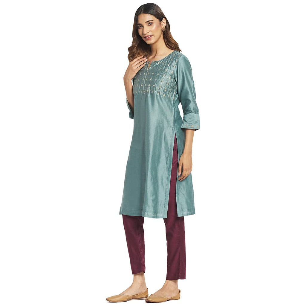 Fabindia Women Cotton Silk Embroidered Knee Length Kurta Blue