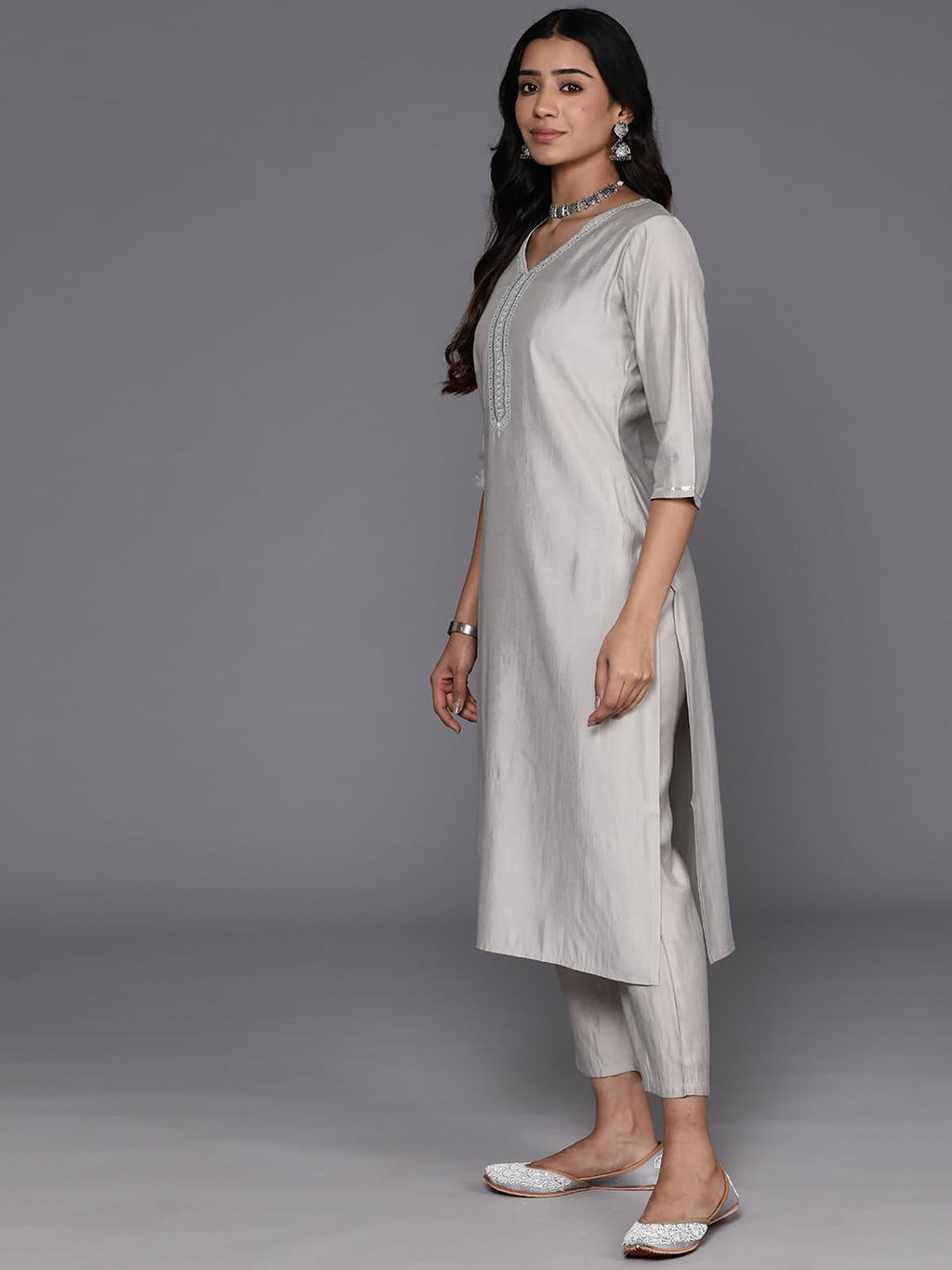 Libas Grey Yoke Design Silk Blend Straight Kurta With Trousers & Dupatta