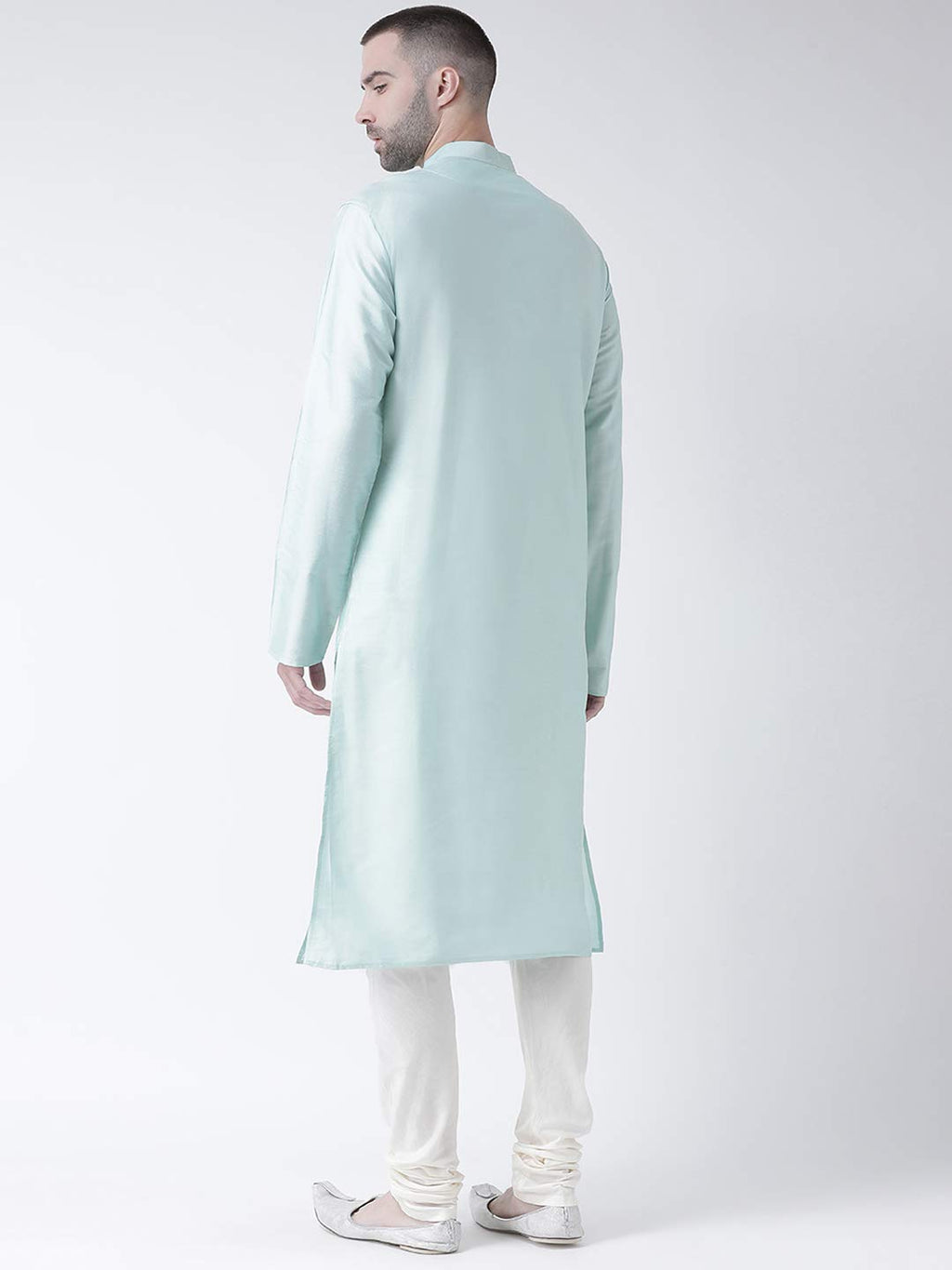 Kisah Cotton Blend Turquoise Blue Kurta For Men, Full Sleaves, Knee Length, Straight, Regular Fit, Mandarin Collar, Geometric Em