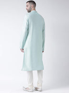 Kisah Cotton Blend Turquoise Blue Kurta For Men, Full Sleaves, Knee Length, Straight, Regular Fit, Mandarin Collar, Geometric Em