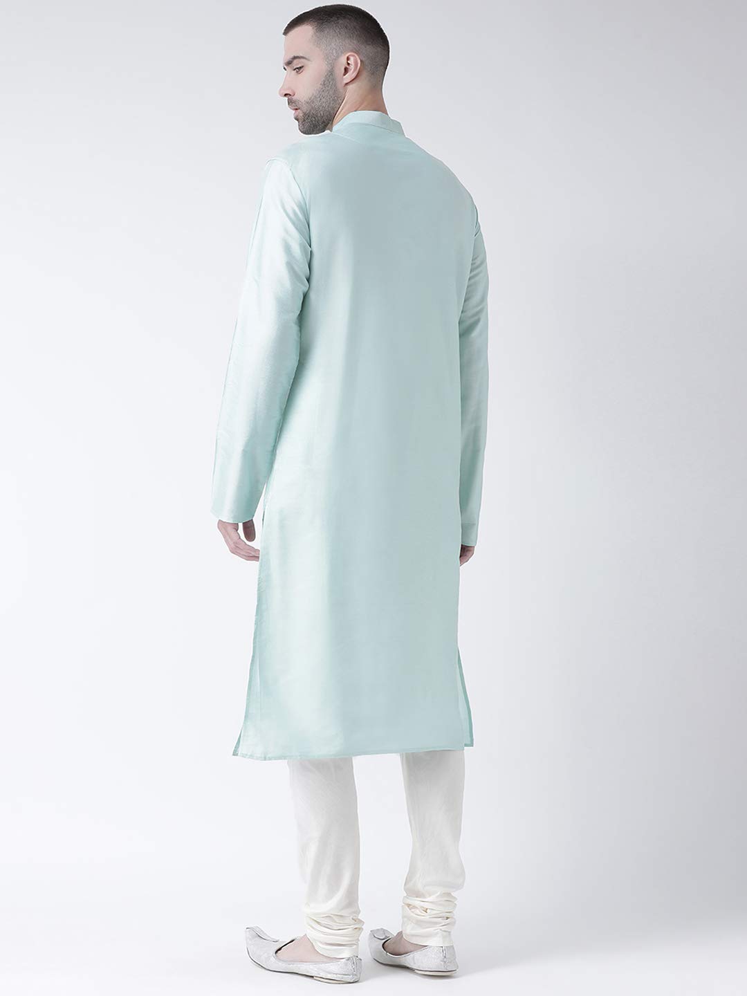 Kisah Cotton Blend Turquoise Blue Kurta For Men, Full Sleaves, Knee Length, Straight, Regular Fit, Mandarin Collar, Geometric Em