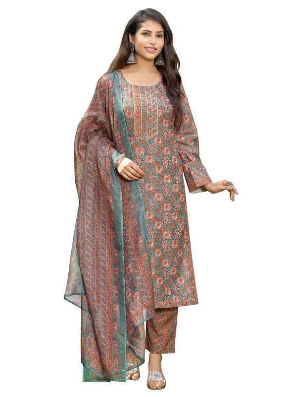 NAINVISH Womens Viscose Rayon Printed Straight Round Neck Kurta Pant with Dupatta (SD706_KBD-L_Brown)