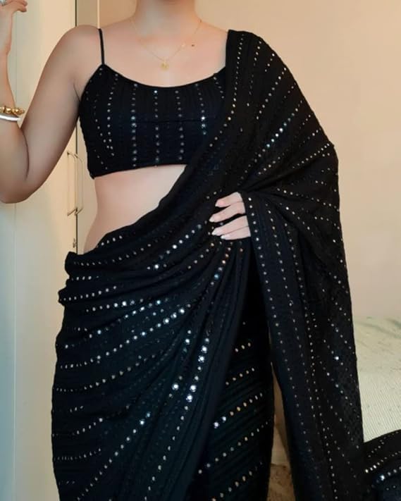 Flosive Womens Thread Sequence Work Georgette Saree With Blouse