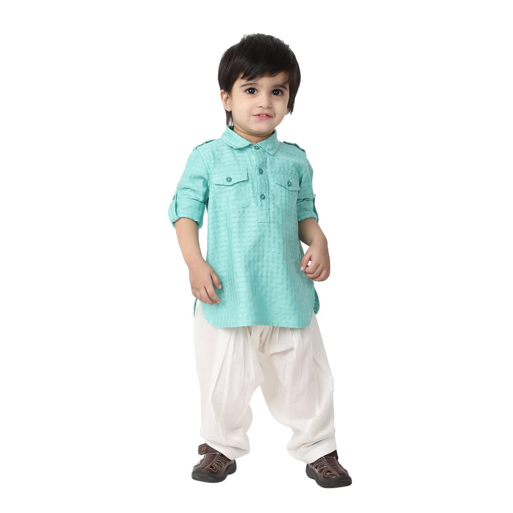 Fabindia Baby BoyS Viscose Blend Dobby Regular Kurta Set (100060401_Turquoise