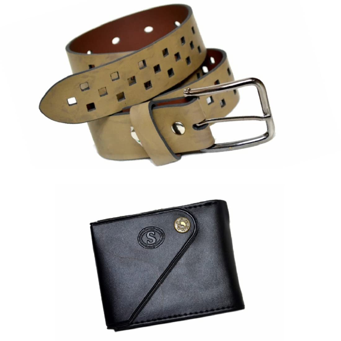 Men Belt & Wallet Combo Set For Men , Gift Set For Men , Gift Hamper For Birthday Or Other Occasion For Men & Boys (Light Brown) 34