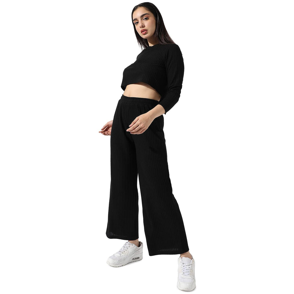 Campus Sutra Women'S Solid Black Ribbed Co-Ord Set For Casual Wear | Long Sleeves | Poly Cotton Lycra Fabric | Crew Neck Clothin