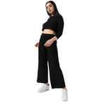 Campus Sutra Women'S Solid Black Ribbed Co-Ord Set For Casual Wear | Long Sleeves | Poly Cotton Lycra Fabric | Crew Neck Clothin