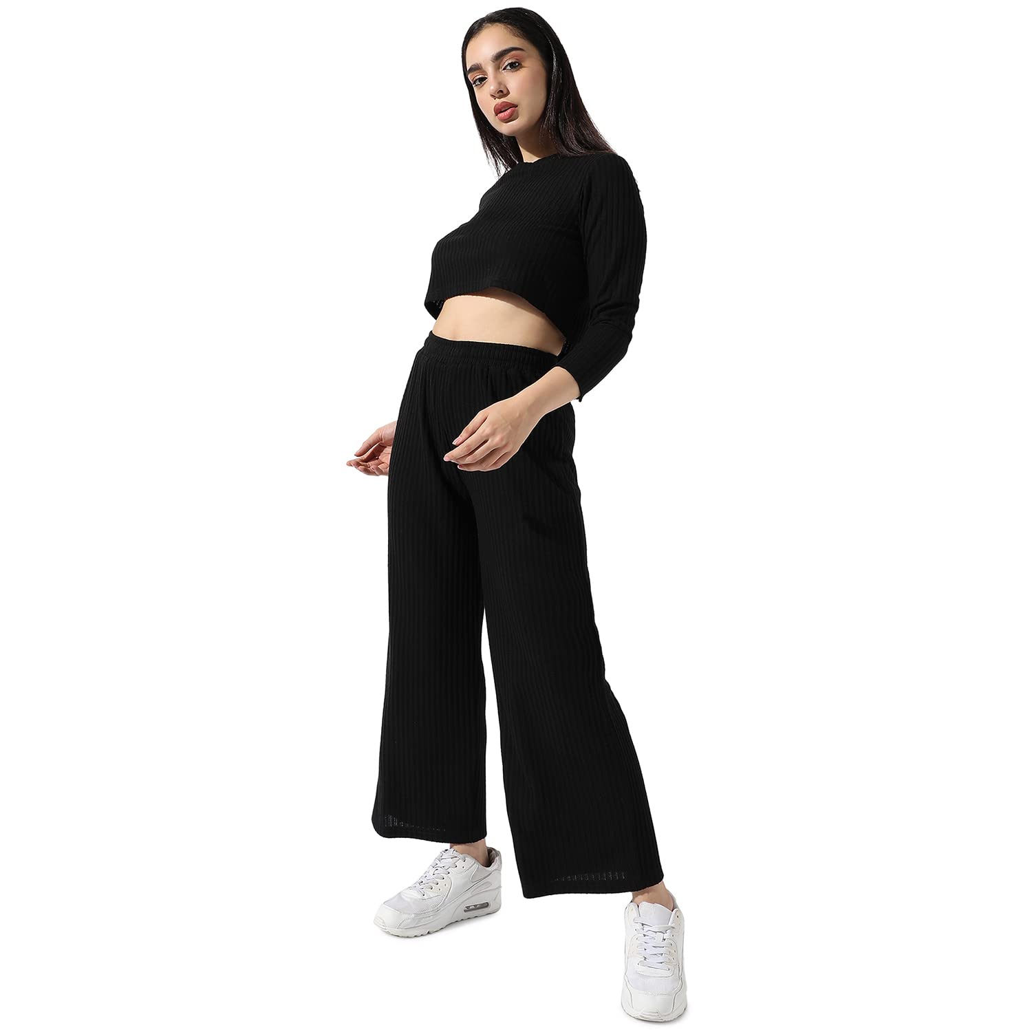 Campus Sutra Women'S Solid Black Ribbed Co-Ord Set For Casual Wear | Long Sleeves | Poly Cotton Lycra Fabric | Crew Neck Clothin