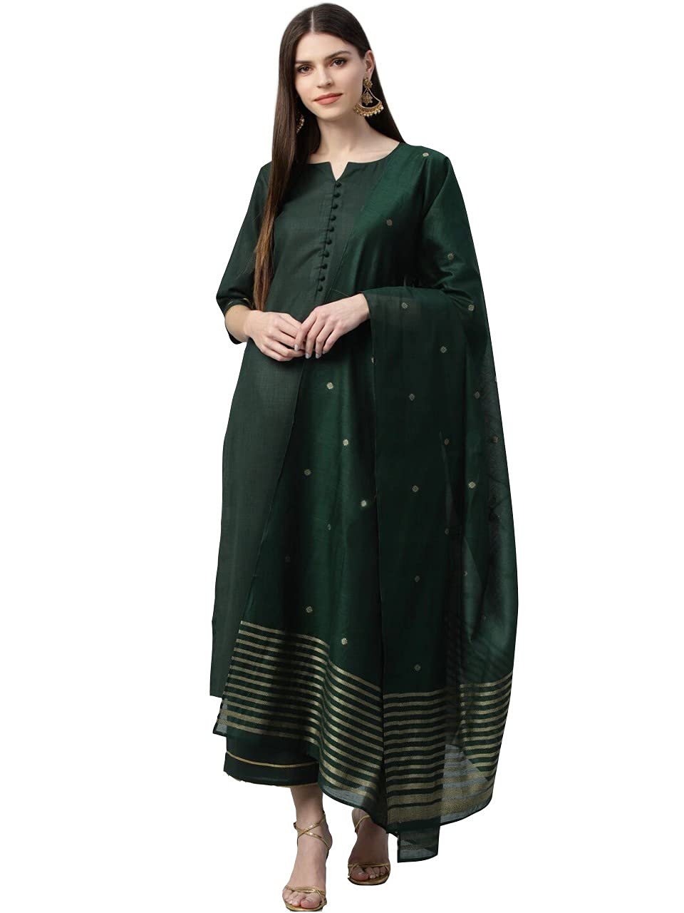 ANNI DESIGNER Women's Ruby Cotton Printed Straight Kurta with Palazzos & Dupatta (Game-Green_S Green Small)