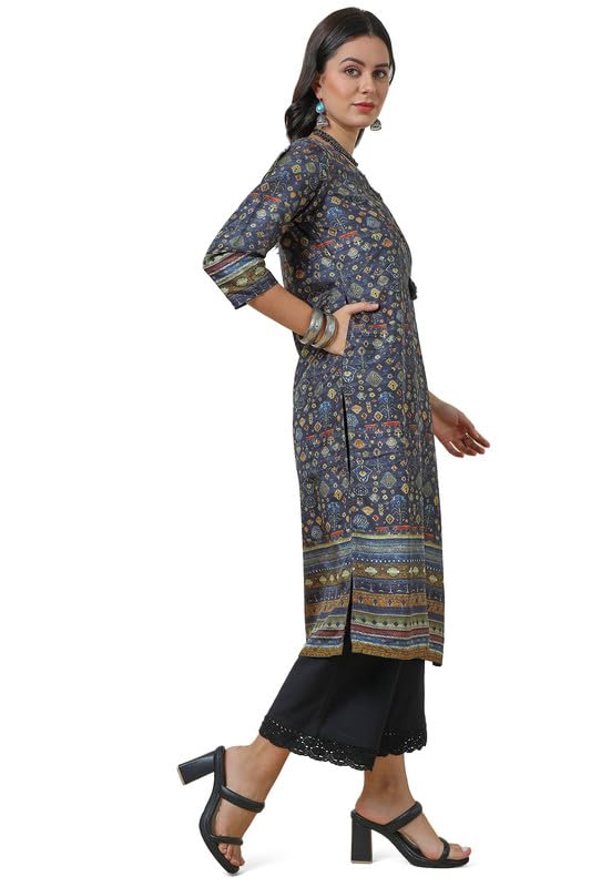Soch Womens Charcoal Silk Blend Abstract Print Kurta With Tassels