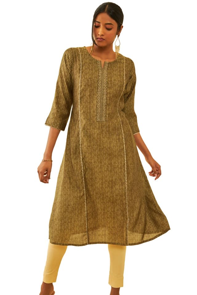 Soch Womens Teal Muslin Abstract Printed Panelled Kurta With Gotta Patti