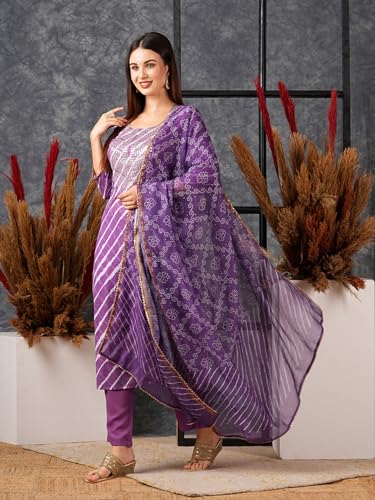 ANNI DESIGNER Womens Cotton Blend Straight Printed Kurta with Pant & Dupatta (Doremi Purple-NW_S_Purple_Small)