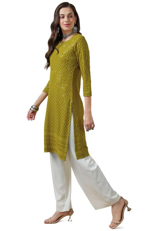 Soch Womens Olive Rayon Embroidered Straight Kurta With Sequins