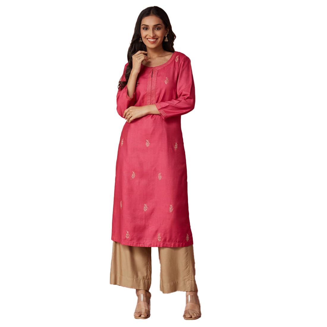 Fabindia Women'S Viscose Silk Embroidered Regular Kurta (1039101Pink_Pink