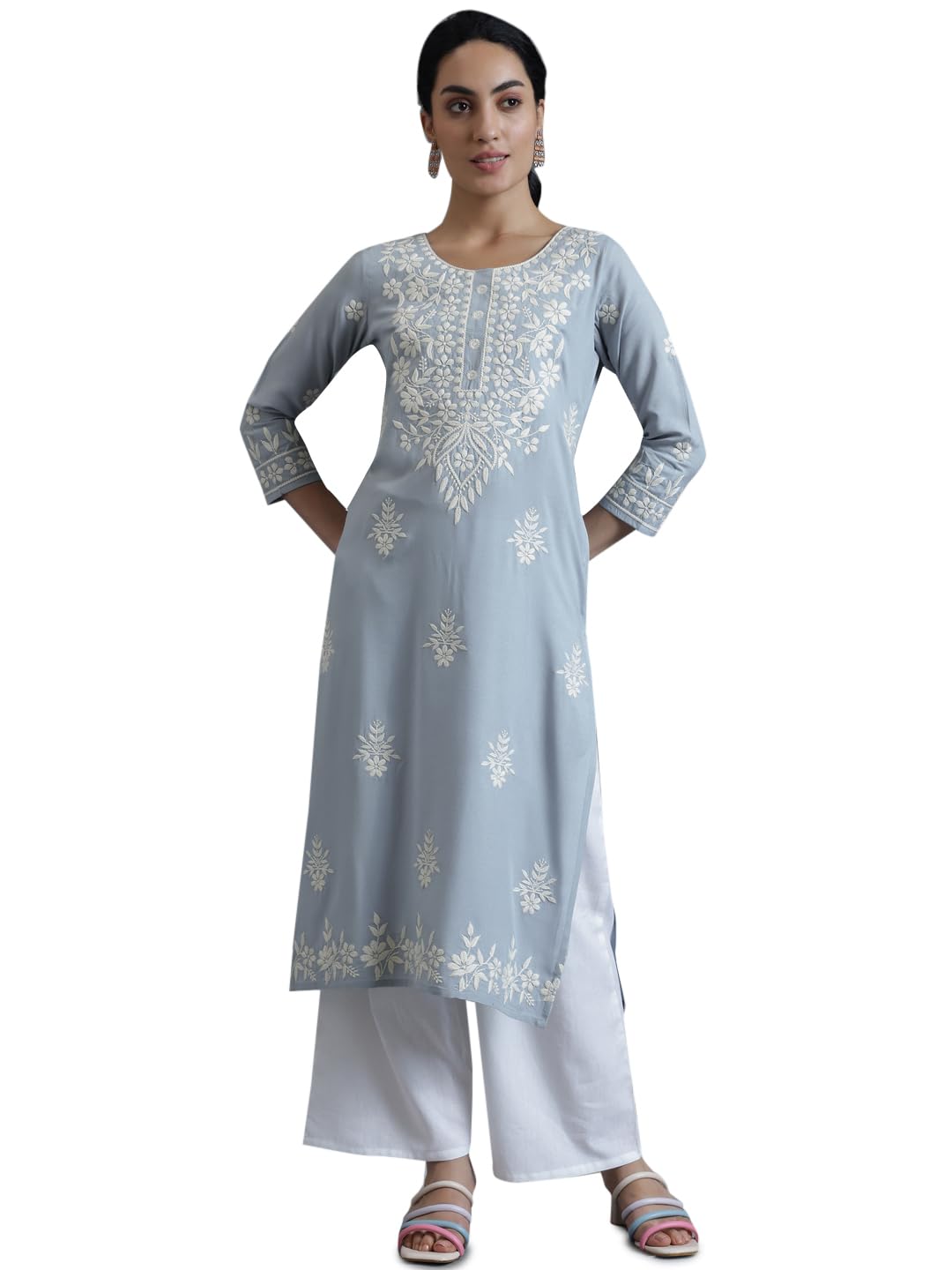 Libas Womens Embroidered Viscose Straight Kurta For Women Blue