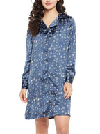 Clovia Womens Satin Christmas Print Button Down Sleep Shirt (NS1392R08_Blue_XXL)