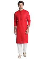 Manyavar SelfDesign Knee Long Full Sleeves Kurta and Churidar Set for Men - (Red, X-Large)