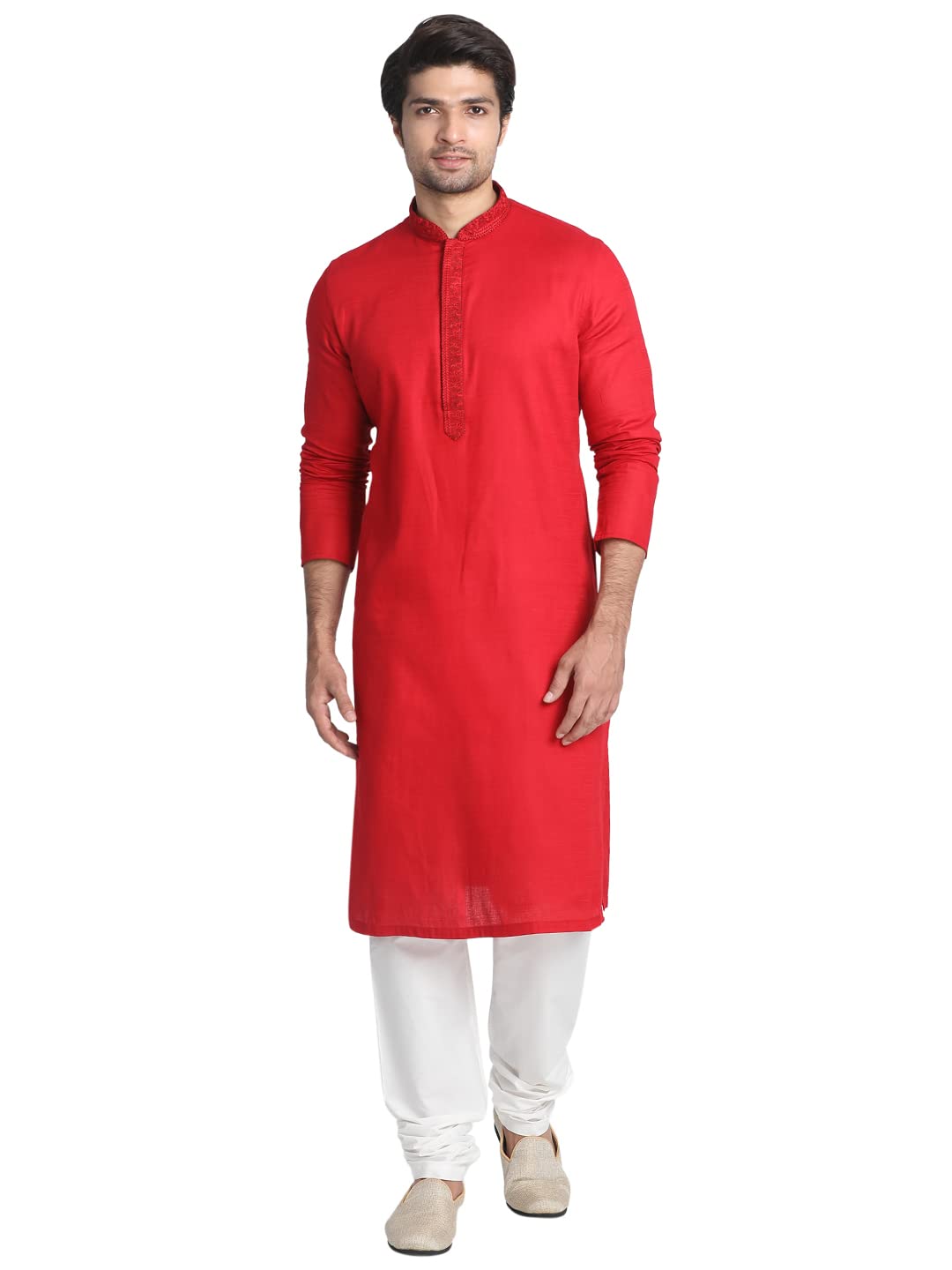 Manyavar SelfDesign Knee Long Full Sleeves Kurta and Churidar Set for Men - (Red, X-Large)