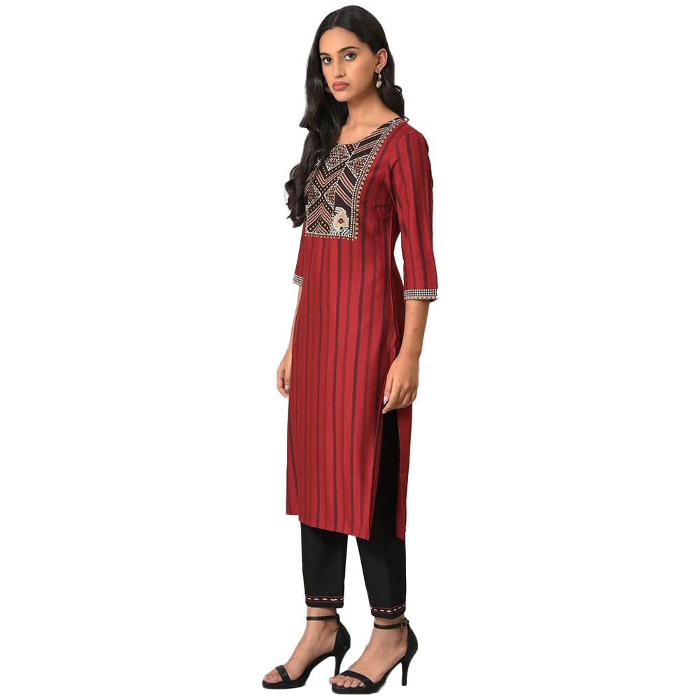 W For Woman Viscose Women Stripe Regular Kurta With Embellished Yoke