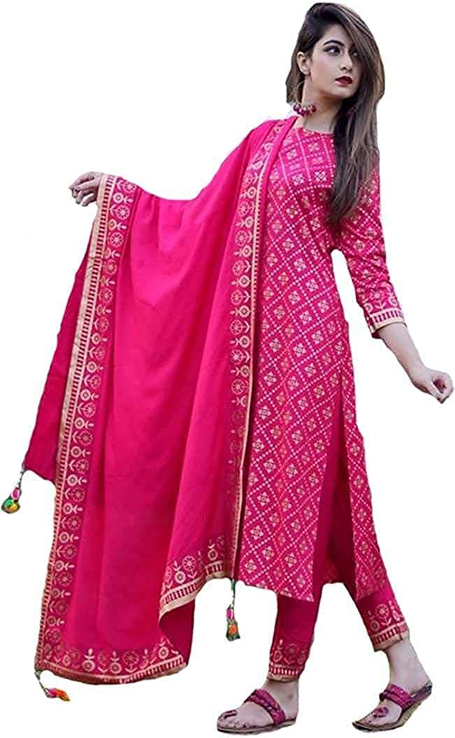 ANNI DESIGNER Womens Cotton Kurta with Palazzo & Dupatta (NAVLIK-PINK-001_Multicolor_Medium)