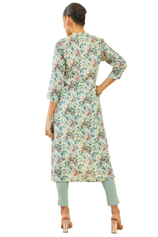 Soch Womens Beige Linen Kurta With Floral Print