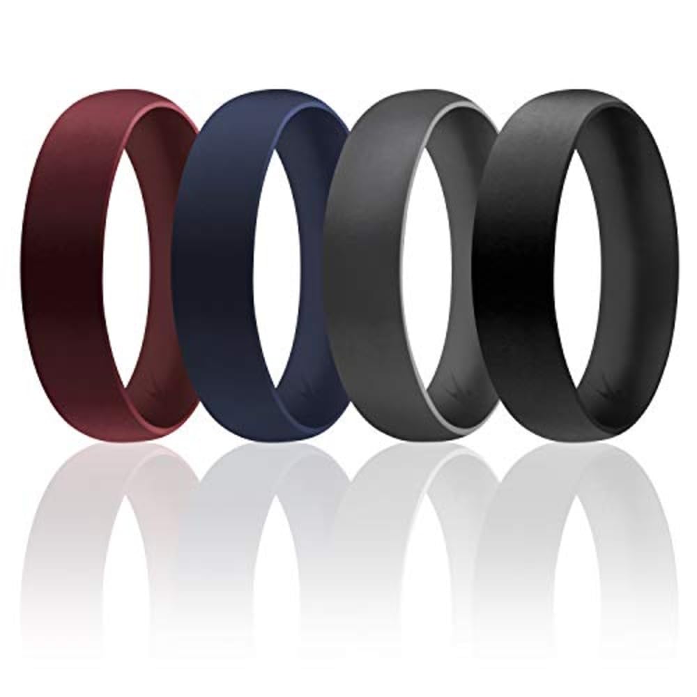 ROQ Silicone Wedding Ring For Men, Set of 4 Affordable Comfort Fit 6mm Manly Metallic Silicone Rubber Wedding Bands - Bordeaux, Blue, Silver, Grey - Size 13 (I0118107)-New Condition