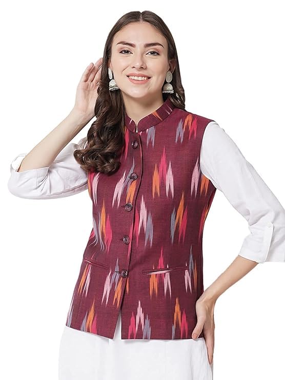 Vastraa Fusion Womens Ikat Printed Cotton Nehru Jacket (42) 42