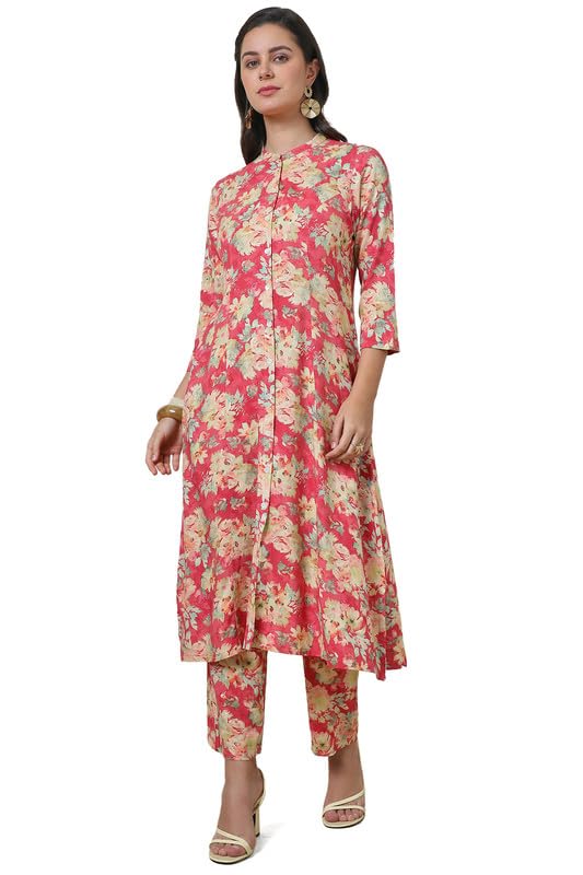 Soch Womens Pink Floral Print Princess Cut Rayon Co-Ord Set